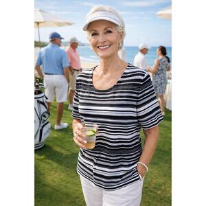 Chico's Black & White Stripe Top Tee size 1 Medium Side Gathers